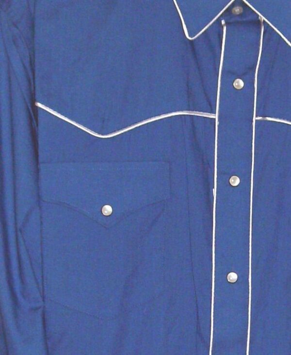 A Mens White piped yoke, Royal blue western shirt with white stitching.