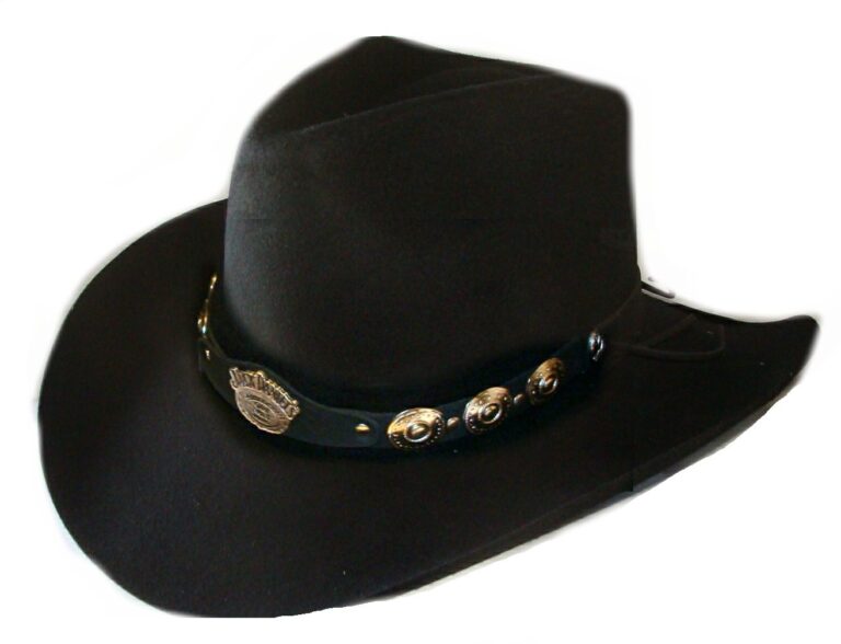 A black cowboy hat with a gold band.