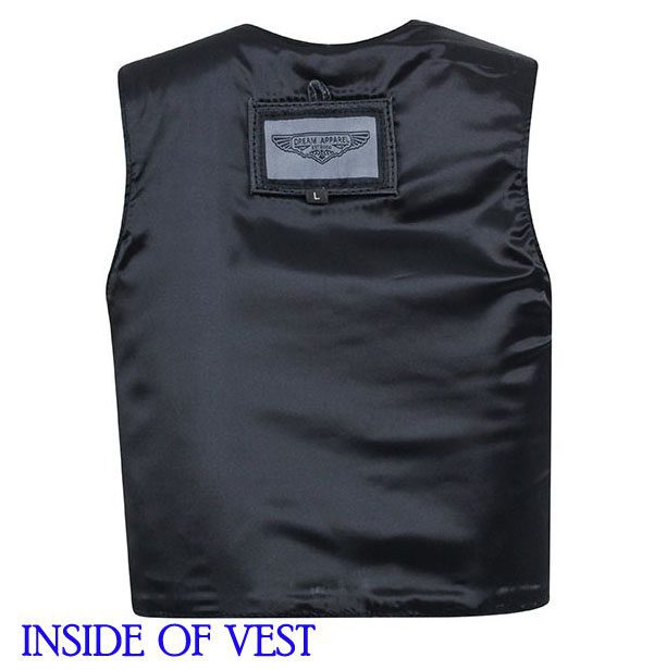 An Infant, Baby, Toddler Black leather western vest with the words inside of vest on it.