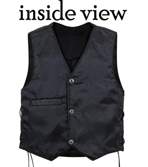 A Baby Toddler Black Leather Concho Western Vest with the words inside view.