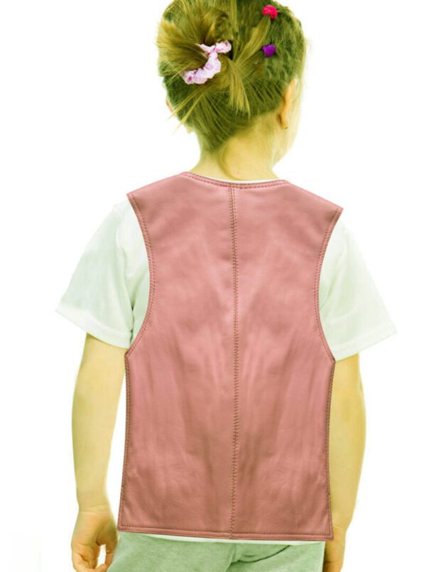 The back of a little girl wearing a Girls Pink Leather Kids Western Vest.