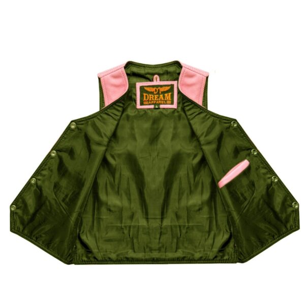 A green Girls Pink Leather Kids Western Vest with pink trim.