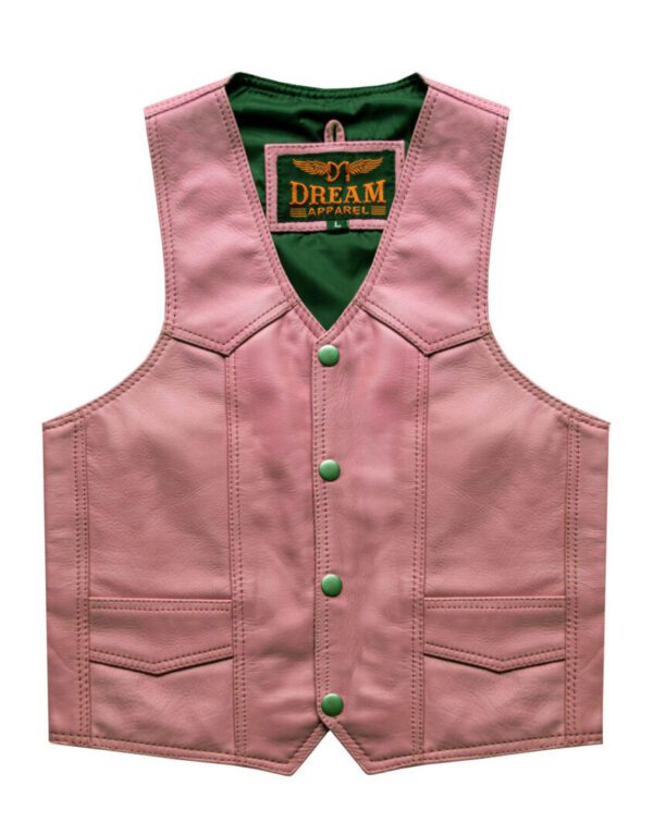 A Girls Pink Leather Kids Western Vest with the words dream on it.