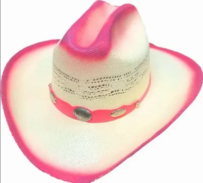 A "Cowgirl Kate Jr" Kids Pink Tea Stain Bangora Straw Cowboy Hat on a white background, perfect for kids who want to rock the Western look with style.