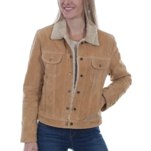 Woman wearing a tan corduroy jacket with fleece lining.