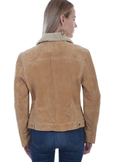 Scully Womens Tan Suede Western Jean Jacket with Fur Collar •