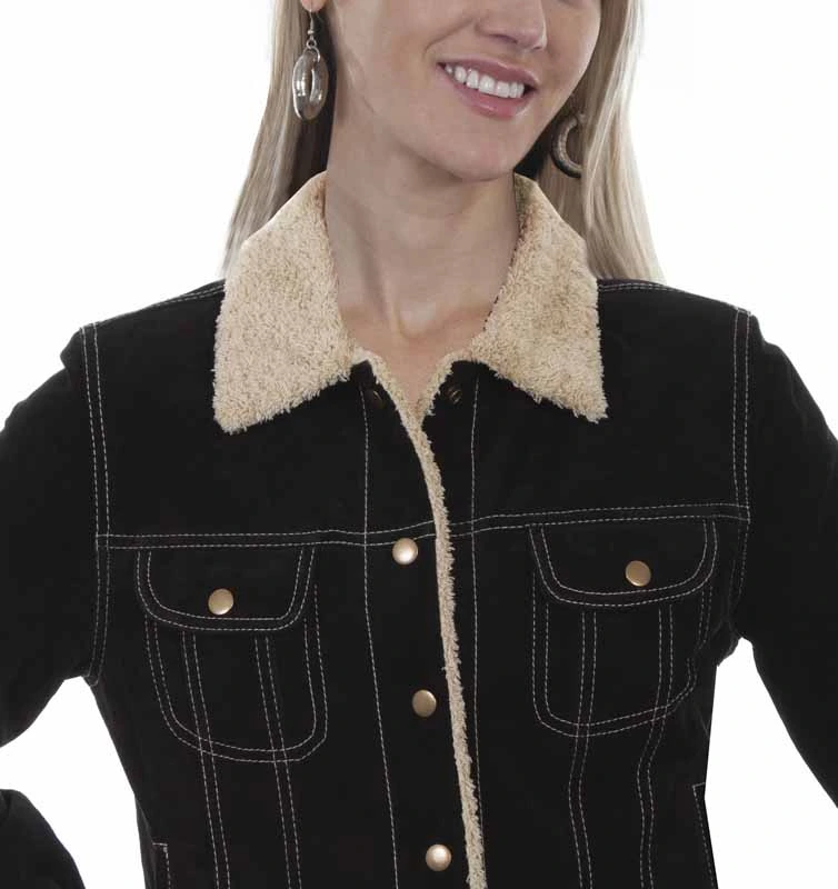 Scully Women's Fur Collar Suede Jacket - Black Boar Suede - Western Jean Jacket Style 3 Scully Women's Fur Collar Suede Jacket - Black Boar Suede - Western Jean Jacket Style