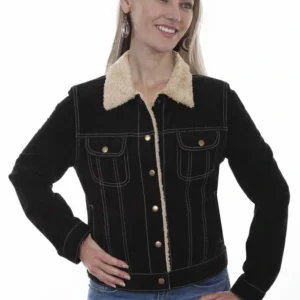Scully Women's Fur Collar Suede Jacket - Black Boar Suede - Western Jean Jacket Style