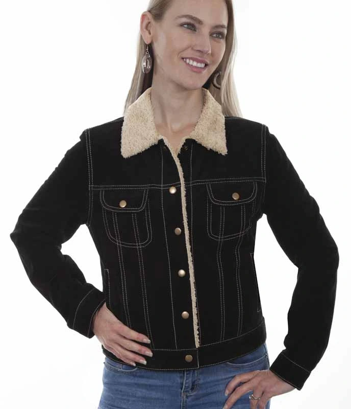 Scully Women's Fur Collar Suede Jacket - Black Boar Suede - Western Jean Jacket Style 1 Scully Women's Fur Collar Suede Jacket - Black Boar Suede - Western Jean Jacket Style