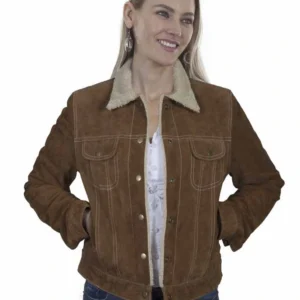 Scully Women's Fur Collar Suede Jacket - Brown Boar Suede - Western Jean Jacket Style
