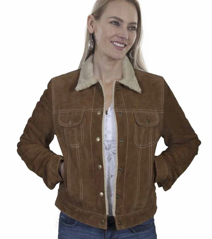 Scully Women's Fur Collar Suede Jacket - Brown Boar Suede - Western Jean Jacket Style 1 Scully Women's Fur Collar Suede Jacket - Brown Boar Suede - Western Jean Jacket Style