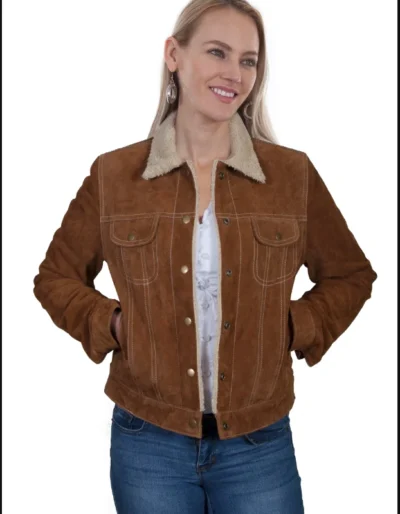 <div class="qsc-html-content"> <p><span>Scully Womens Cinnamon Suede Western Jean Jacket with Fur Collar</span></p> <ul> <li>Suede jean jacket</li> <li>faux shearlng </li> <li>inside pocket</li> <li>snap front closure</li> <li>XS-2X</li> </ul> •