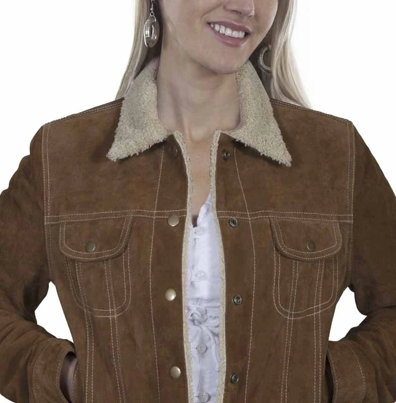 Scully Women's Fur Collar Suede Jacket - Brown Boar Suede - Western Jean Jacket Style 3 Scully Women's Fur Collar Suede Jacket - Brown Boar Suede - Western Jean Jacket Style