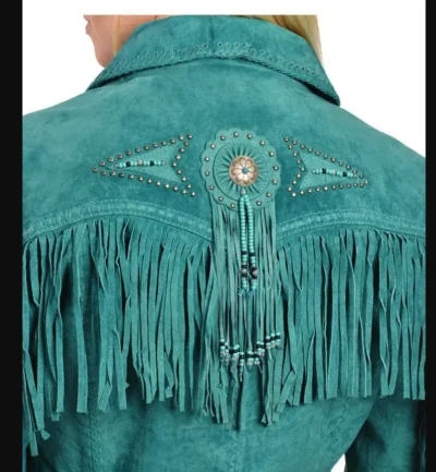 SCULLY Womens Boar Suede Turquoise western jacket. <ul> <li>TURQUOISE BEADS</li> <li>Fringe front /back</li> <li>Silver studded</li> <li>Waist length</li> <li>XS-W3X</li> </ul> •