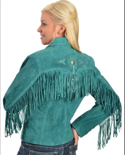 SCULLY Womens Boar Suede Turquoise western jacket. <ul> <li>TURQUOISE BEADS</li> <li>Fringe front /back</li> <li>Silver studded</li> <li>Waist length</li> <li>XS-W3X</li> </ul> •