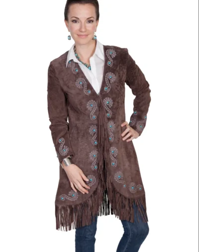 <div class="qsc-html-content"> "Joplin" Womens Scully Embroidered Expresso Suede Fringe Coat <ul style="list-style: square inside none;"> <li>Turquoise studs</li> <li>Embroidered suede</li> <li>Silver thread</li> <li>XS TO 2xl</li> </ul> </div> •