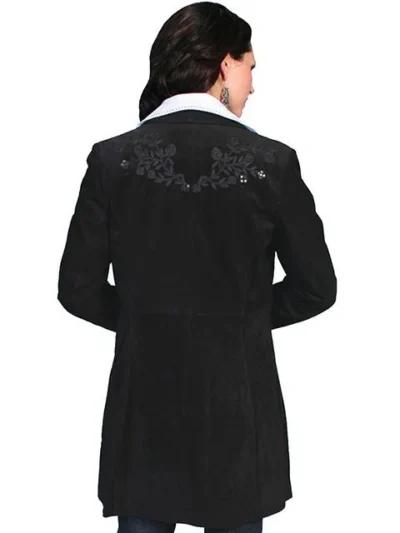 <div class=""> Womens SCULLY BLACK BOAR SUEDE long coat. <ul> <li>Detailed Sequins</li> <li>Front open pockets</li> <li> 3/4 Length</li> <li>size 12 only</li> </ul>   </div> •