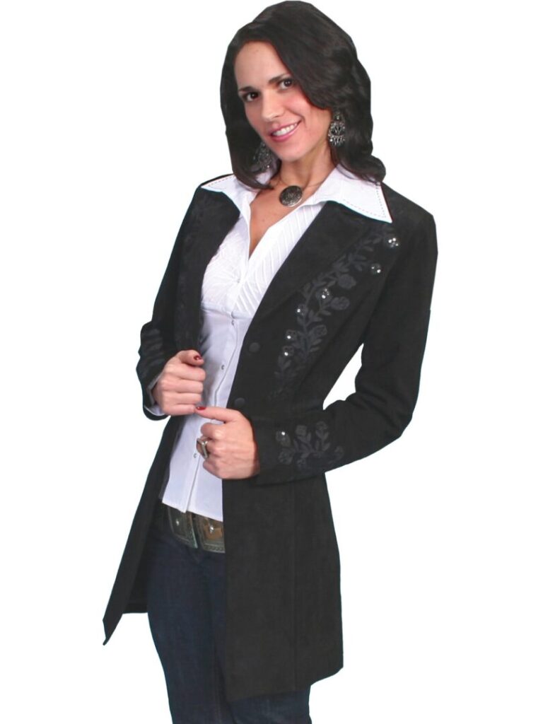 In this image, a woman confidently strikes a pose, showcasing her Scully Woman's Sequin Black Suede Dress Western Long Coat.