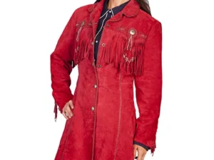 A woman wearing a Scully Womens XS Beaded 3/4 LONG Western Fringe Red Jacket.