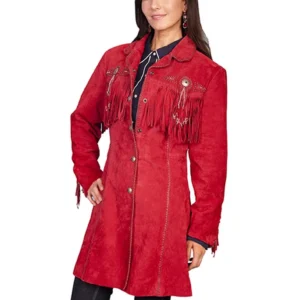 A woman wearing a Scully Womens XS Beaded 3/4 LONG Western Fringe Red Jacket.