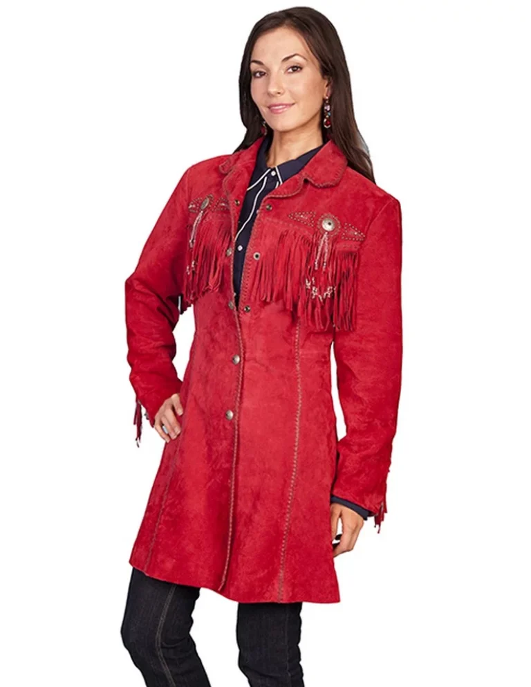 A woman wearing a Scully Womens XS Beaded 3/4 LONG Western Fringe Red Jacket.