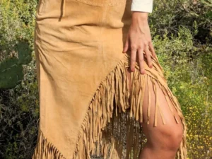 Women's Long leather Suede Tan Fringe Skirt