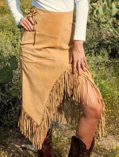 Women's Long leather Suede Tan Fringe Skirt