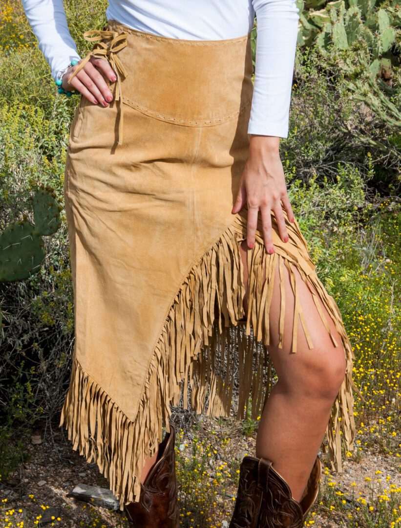 Womens Native Long Suede Tan Fringe Skirt Image