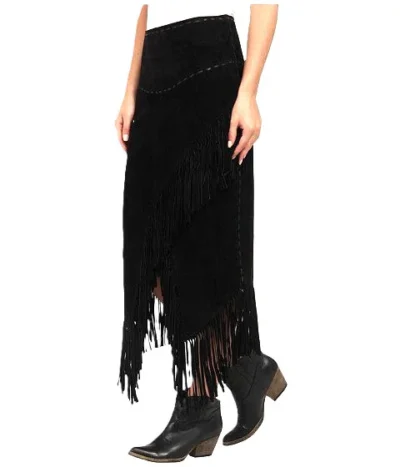 Women's Long leather Suede black Fringe Skirt