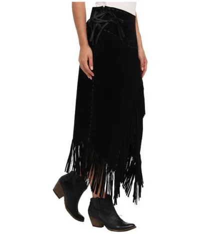 Women's Long leather Suede black Fringe Skirt