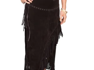 Women's Long leather Suede black Fringe Skirt