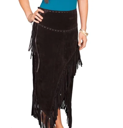 Women's Long leather Suede black Fringe Skirt