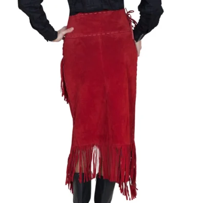 Women's Long leather Suede Red Fringe Skirt