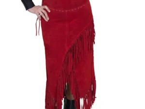 Women's Long leather Suede Red Fringe Skirt