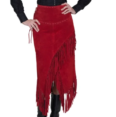 Women's Long leather Suede Red Fringe Skirt