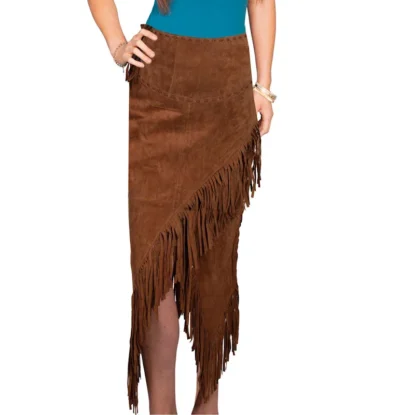 Women's Long leather Suede brown Fringe Skirt