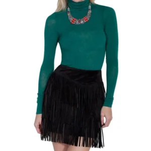 Womens Black Suede Full Fringe Short Western Skirt