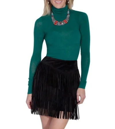 Womens Black Suede Full Fringe Short Western Skirt