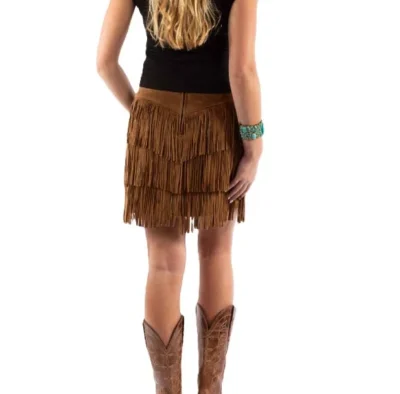 Womens brown fringe suede short skirt