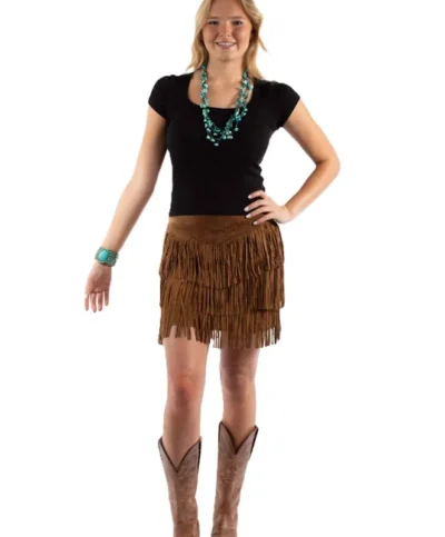 Womens brown fringe suede short skirt