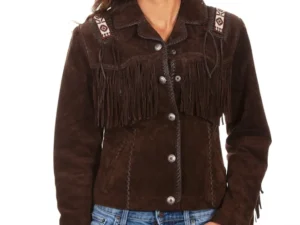 hand laced and beaded trim suede western fringe jacket for women