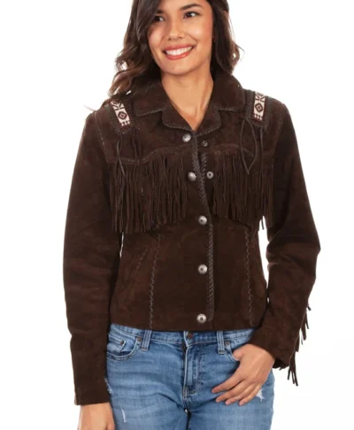 hand laced and beaded trim suede western fringe jacket for women