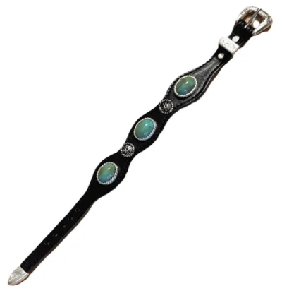 Silver Concho Black Leather Turquoise Bracelet USA with turquoise stones.