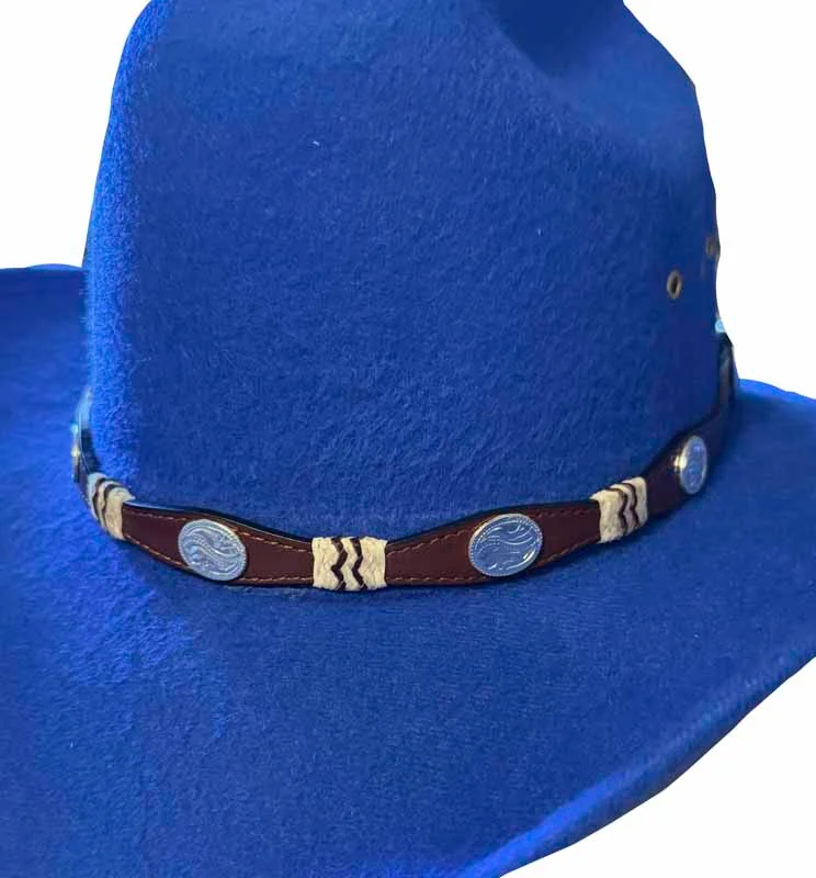 Brown Leather Rawhide Hat Band with Silver Conchos – USA Made 1 Brown Leather Rawhide Hat Band with Silver Conchos – USA Made