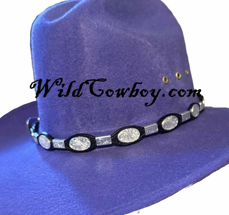 Silver Western Hat Band – Oval Ferrules on Black Leather with Silver Buckle – USA Made 1 Silver Western Hat Band – Oval Ferrules on Black Leather with Silver Buckle – USA Made