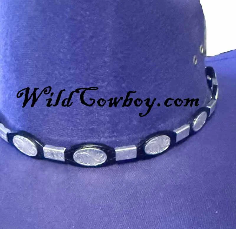Silver Western Hat Band – Oval Ferrules on Black Leather with Silver Buckle – USA Made 2 Silver Western Hat Band – Oval Ferrules on Black Leather with Silver Buckle – USA Made