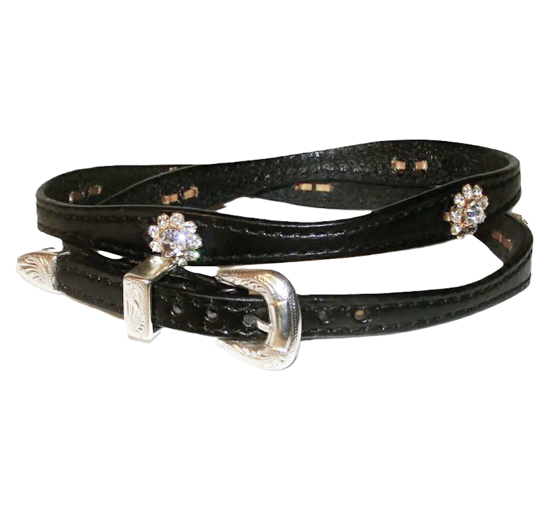 Black Leather Rhinestone Cowboy Hat Band – Flower Design - USA made 2 Black Leather Rhinestone Cowboy Hat Band – Flower Design - USA made