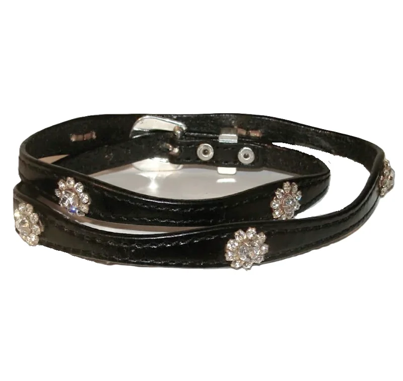 Black Leather Rhinestone Cowboy Hat Band – Flower Design - USA made 3 Black Leather Rhinestone Cowboy Hat Band – Flower Design - USA made