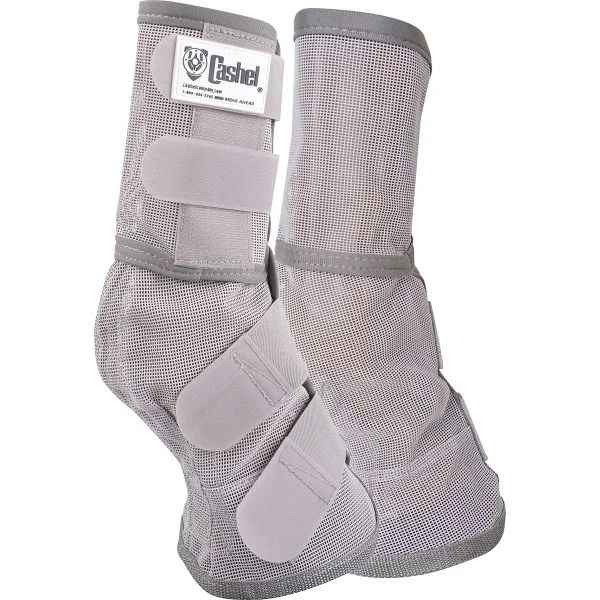 A pair of UV Rated Gray Horse Leg Guards with straps on them, perfect for adding some flair to any outfit.