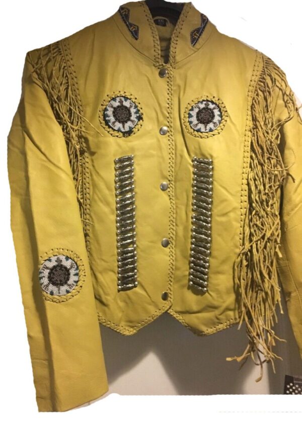 A Women's Natural Leather Native Beaded Fringe Jacket with lining.